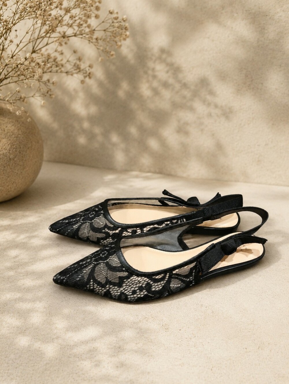 Black Lace Pointed Slingback Flats